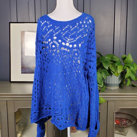 Free People Open Knit Sweater Blue Boho Crochet Long Sleeve Size S - Picture 1 of 4